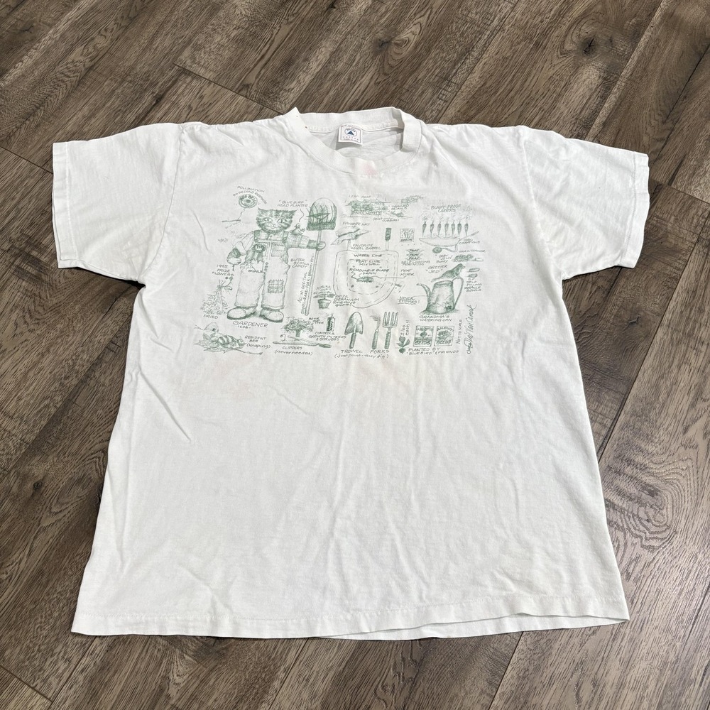 Vintage Delta Shirt Mens Large White Gardening Cat Tools Graphic Tee Made USA
